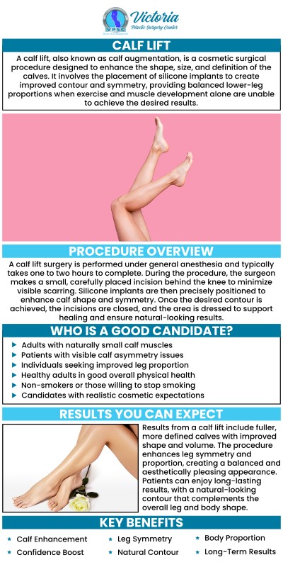 Calf lift surgery enhances the size and shape of calves for those who struggle to develop muscle definition through exercise alone. This procedure offers an immediate improvement in the symmetry and proportion of the lower legs, boosting confidence and achieving a more toned appearance. Dr. Suh offers calf lift surgery at Victoria Plastic Surgery Center in Fairfax, VA. For more information, please contact us or book an appointment online. We are conveniently located at 8503 Arlington Blvd #130 Fairfax, VA 22031.