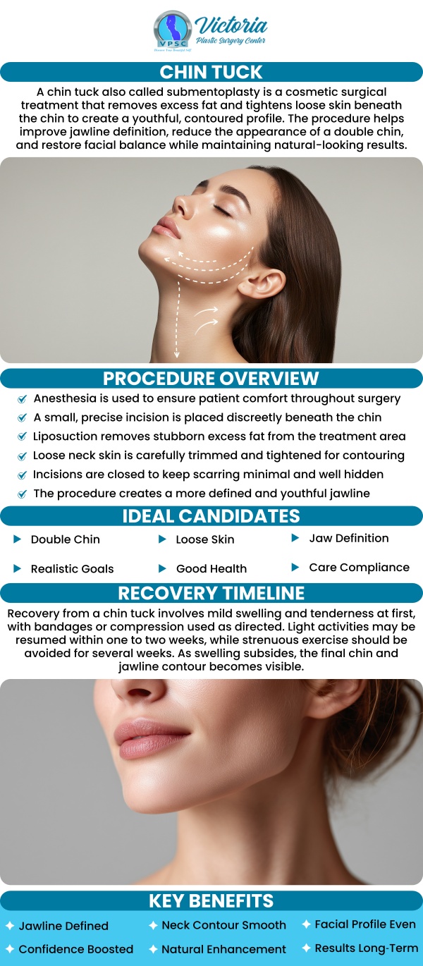 If you're looking to achieve a more contoured, youthful jawline, chin tuck treatments can help. This procedure addresses excess fat and loose skin under the chin, creating a smoother, more defined profile. At Victoria Plastic Surgery Center, Dr. Suh, MD, uses advanced techniques to deliver results tailored to your facial features, ensuring a natural and youthful appearance. For more information, contact us today or book an appointment online. We are conveniently located at 8503 Arlington Blvd #130 Fairfax, VA 22031. If you're looking to achieve a more contoured, youthful jawline, chin tuck treatments can help. This procedure addresses excess fat and loose skin under the chin, creating a smoother, more defined profile. At Victoria Plastic Surgery Center, Dr. Suh, MD, uses advanced techniques to deliver results tailored to your facial features, ensuring a natural and youthful appearance. For more information, contact us today or book an appointment online. We are conveniently located at 8503 Arlington Blvd #130 Fairfax, VA 22031.