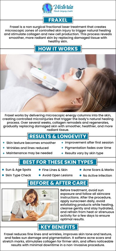 At Victoria Plastic Surgery Center, under the expertise of Dr. Yongsook Victoria Suh, Fraxel Laser Treatment is utilized to rejuvenate skin by treating sun damage, wrinkles, and scars. This advanced laser technology precisely targets damaged skin tissue, promoting collagen production and resulting in smoother, younger-looking skin. For more information, contact us today or book an appointment online. Visit us today at 8503 Arlington Blvd #130 Fairfax, VA. At Victoria Plastic Surgery Center, under the expertise of Dr. Yongsook Victoria Suh, Fraxel Laser Treatment is utilized to rejuvenate skin by treating sun damage, wrinkles, and scars. This advanced laser technology precisely targets damaged skin tissue, promoting collagen production and resulting in smoother, younger-looking skin. For more information, contact us today or book an appointment online. Visit us today at 8503 Arlington Blvd #130 Fairfax, VA.